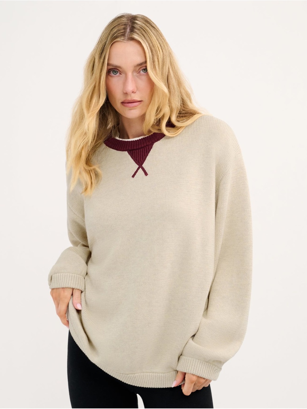 Rumored Relaxed Cream Crewneck Sweater with Burgundy Trim